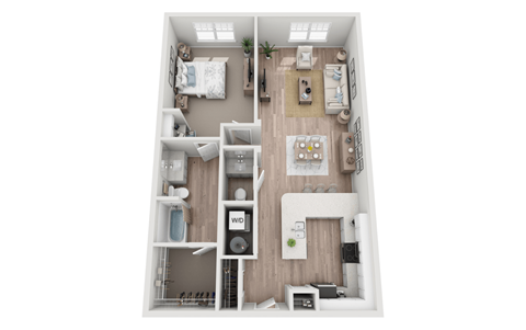 Floor plan for 1 bed, 1.5 baths, 975 sqft